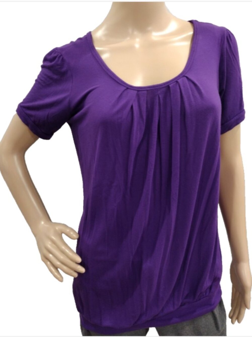 Made by Johnny Women's Medium Purple Pleated Scoop Neck Short Sleeve Blouse